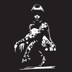 Fashionable girl in sketch style in white on black background. Vector illustration with stylized image, for design of your illustrations