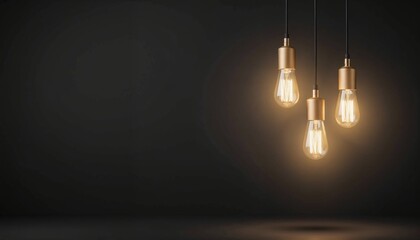 three vintage edison light bulbs hanging on black background with warm glowing filament creating cozy atmosphere for interior design and modern industrial style
