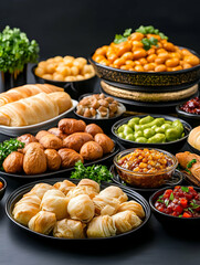 Bountiful spread of savory pastries, appetizers, and side dishes on dark background