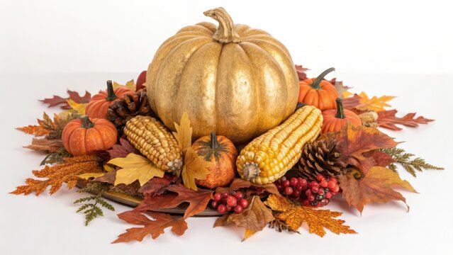 Gold-painted Pumpkin with Autumnal Arrangement