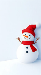 Cheerful snowman in red hat and scarf against a light blue background