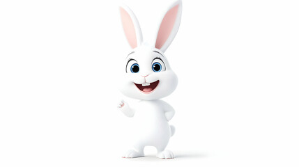 Obraz premium Cheerful white cartoon bunny rabbit, standing, smiling, waving