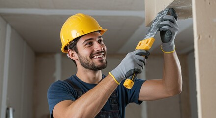 Smiling Construction Worker: A cheerful construction worker, confidently smoothing plaster with a putty knife. Hard hat, focus, craftsmanship, and precision are on display.