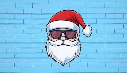 Cool Santa Claus head illustration against a light blue brick wall