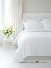 Crisp white bedding on a made bed in a bright bedroom