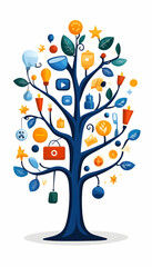 Festive tree adorned with diverse icons, representing ideas, celebrations, and online activities