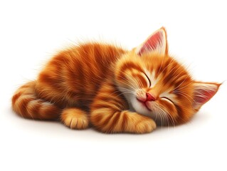 Fototapeta premium A Small Orange Tabby Kitten Sleeping Peacefully Against White