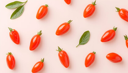 Flat lay of vibrant red cherry tomatoes and green leaves arranged on a pink background