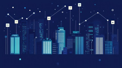 Fototapeta premium Futuristic city skyline at night, data connections, abstract illustration, for technology presentation