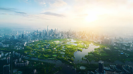 Aerial View Of City Parkland At Sunrise