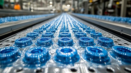 A conveyor belt filled with blue plastic bottles on a factory floor
