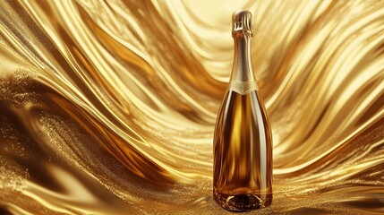 Naklejka premium A golden bottle of bubbly stands against a luxurious gold backdrop
