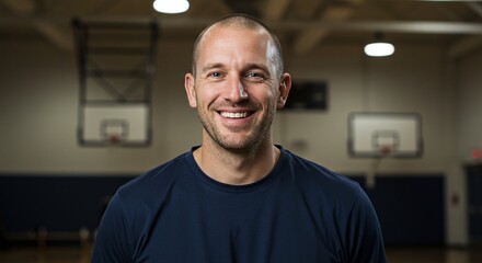 Obraz premium Confident Portrait in Gymnasium: A smiling man with a shaved head stands confidently, his portrait capturing the ambiance of a gymnasium, conveying focus, approachability, and athletic passion.