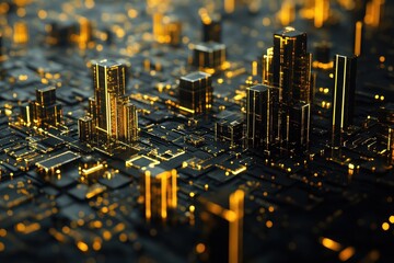 Illuminated abstract cityscape rendered on a complex black circuit board