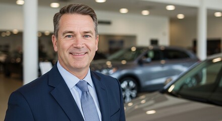 Smiling Salesman in Dealership: A professional salesman, radiating confidence and expertise, stands in a car dealership, the sleek vehicles subtly highlighting the setting.