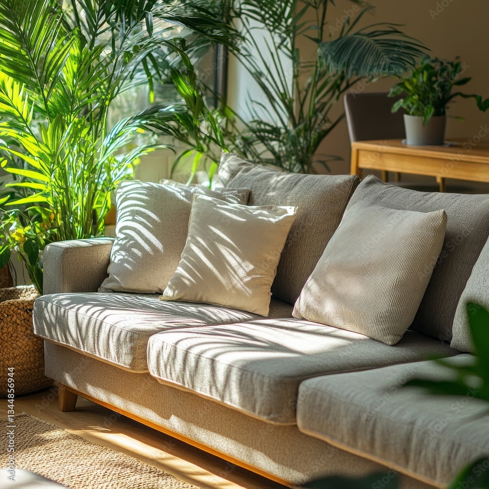 Poster Soft sunlight filters through large windows, casting playful shadows on a comfortable couch adorned with pillows. Surrounding plants add a vibrant touch, creating a serene indoor oasis