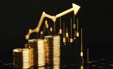 Abstract illustration of gold coins and an upward arrow on a black podium, rising with a business growth concept	
