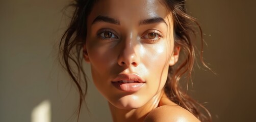 Fototapeta premium Close-up portrait of young woman with clean glowing skin in soft sunlight indoors. Expressive face with light make-up on full lips. Beauty and care concept for cosmetic industry.