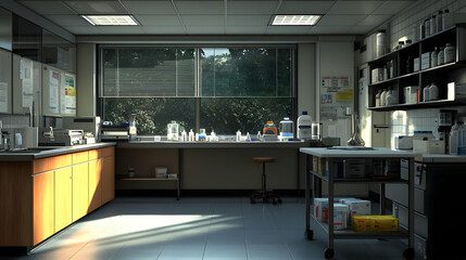 Well Lit Empty Laboratory Interior With Bottles Equipment and Window Background