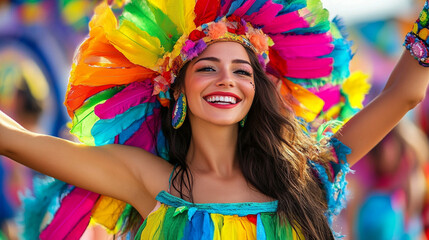 Fototapeta premium Vibrant festival celebration with a joyful woman in colorful attire, surrounded by a lively crowd