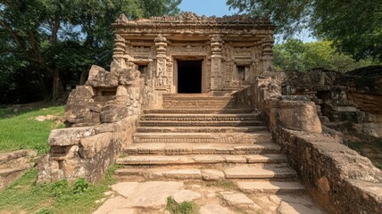 Fototapeta premium Ancient Stone Temple Entrance with Weathered Facade and Lush Foliage