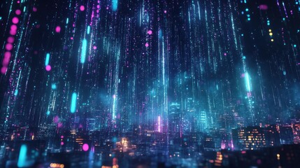 Obraz premium A futuristic cityscape features falling light and glowing streams of data