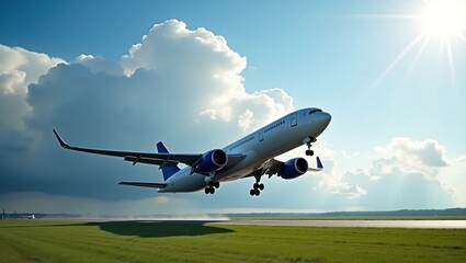 Obraz premium Airplane Taking Off Towards a Bright Sunny Sky