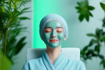 Woman relaxing with a facial mask and towel wrapped hair