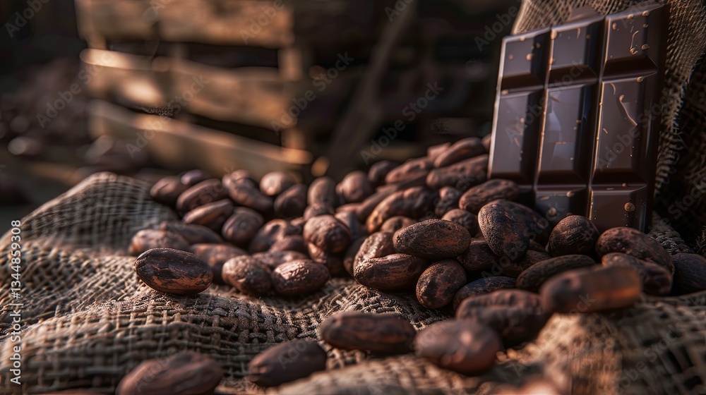 Poster Cocoa beans and a chocolate bar showcasing rich textures in an earthy setting with natural tones Generative AI