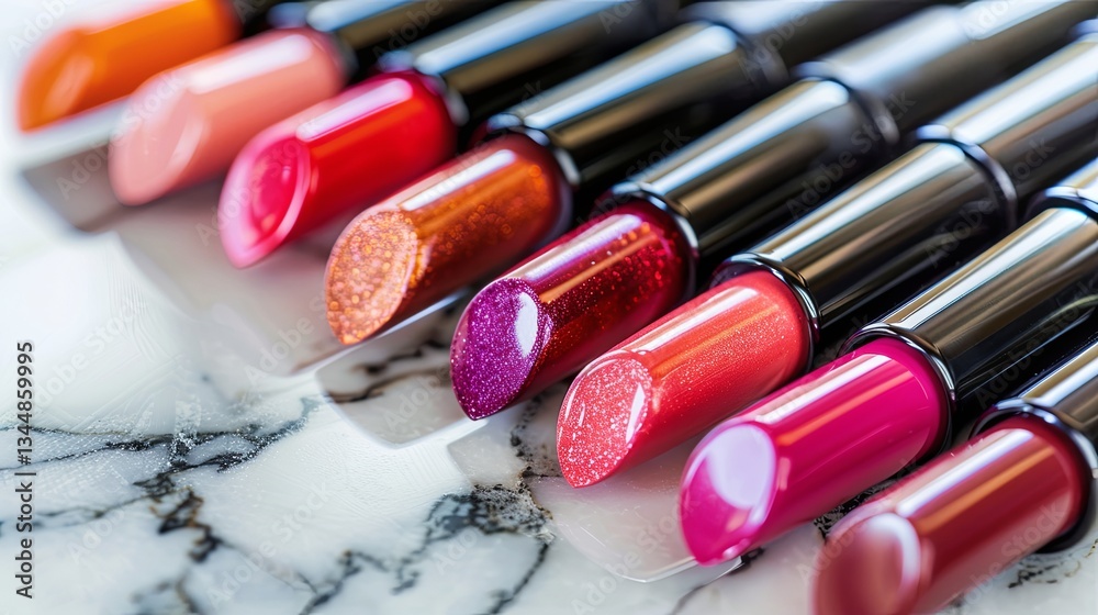 Poster colorful tubes of lip gloss and lipstick displayed elegantly on a polished marble surface with rich 