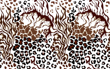 Leopard, zebra, tiger and giraffe pattern. Animals collage pattern. Seamless patchwork pattern design
