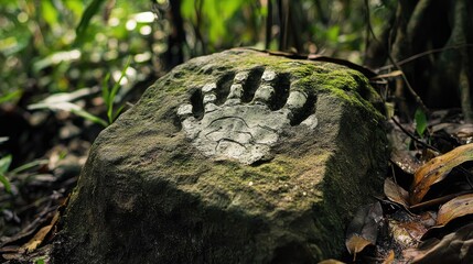 Obraz premium Imprint of Bear Paw on Stone Surrounded by Lush Greenery in Forest Setting