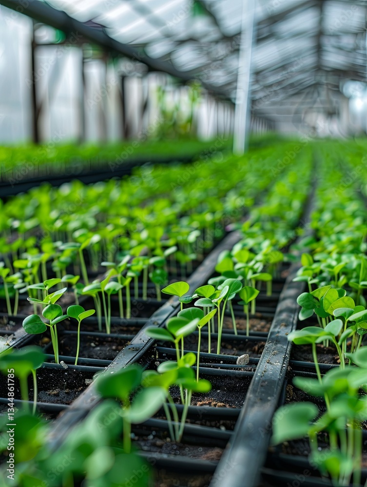 Poster rows of vibrant microgreens nurtured under efficient drip irrigation in a well-maintained greenhouse