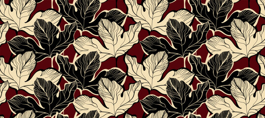Seamless leaves pattern. Abstract pattern design. Floral repeat background. Black and white pattern