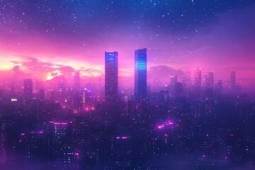 A futuristic cityscape featuring multiple tall illuminated skyscrapers at night