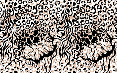 Leopard, zebra, tiger and giraffe pattern. Animals collage pattern. Seamless patchwork pattern design