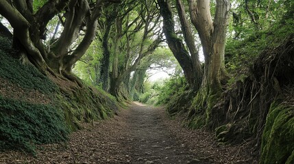 Fototapeta premium Serene Forest Pathway Surrounded by Majestic Trees and Lush Greenery in Tranquil Nature Setting