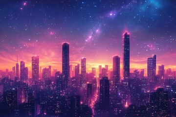 Fototapeta premium A futuristic city skyline glows under a vibrant starry sky