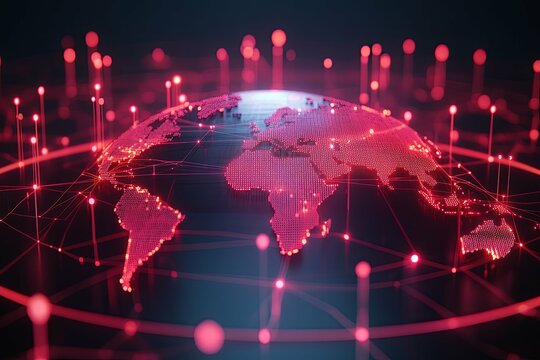 Global interconnected digital network of the planet earth displayed in red