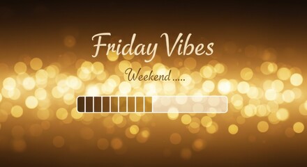Friday vibe energy loading with golden bokeh light effect, weekend excitement, relaxation anticipation, positive mood booster, happiness glow, festive celebration, fun night