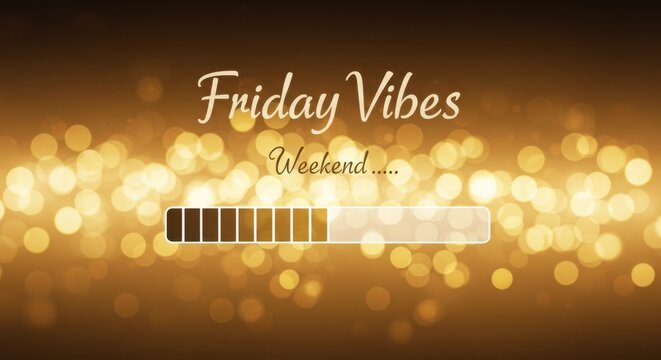 Friday vibe energy loading with golden bokeh light effect, weekend excitement, relaxation anticipation, positive mood booster, happiness glow, festive celebration, fun night