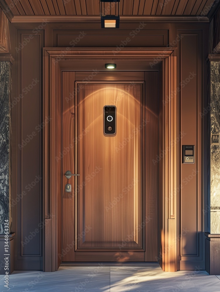 Aufkleber Modern front door with smart lock and video doorbell in a stylish entryway designed for security and convenience Generative AI