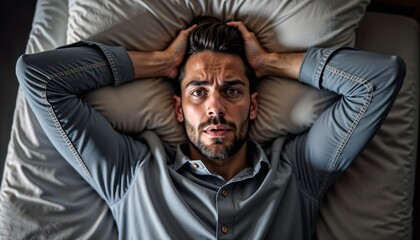Fototapeta premium Anxious young man lying in bed with hands on his head and a worried expression