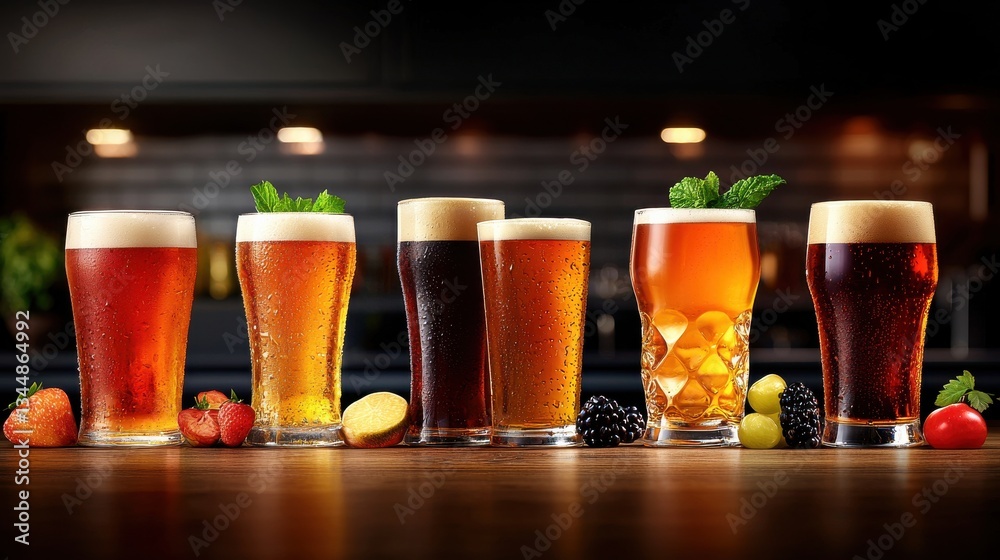 Poster a row of six different types of beer with fruit garnishes on the table