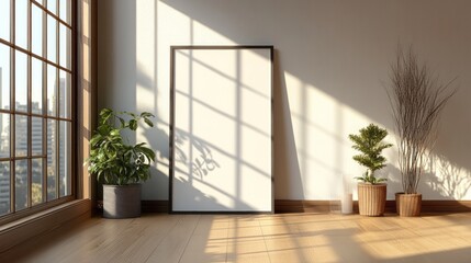 Interior decor with blank poster and potted plants in sunlight