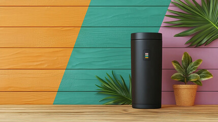 Modern black tumbler on wood