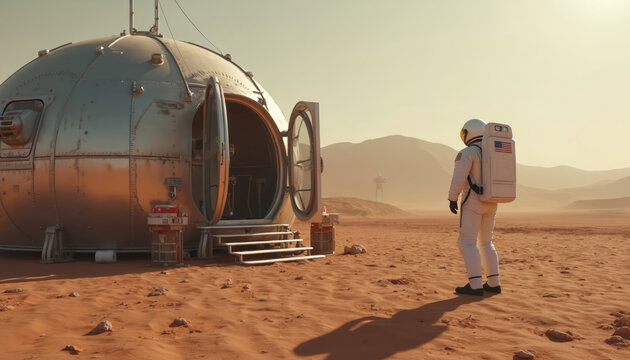Astronaut on Mars looking at research base. Man wears spacesuit with American flag on shoulder. Human exploring desolate planet surface in futuristic sci-fi exploration, colonization concept. Red
