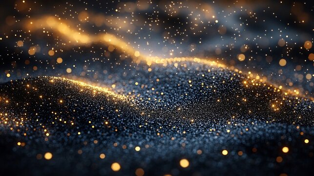 Elegant black tie event invitation a dark matte background gold foil accents and a central blank banner for text Ideal for galas or corporate dinners