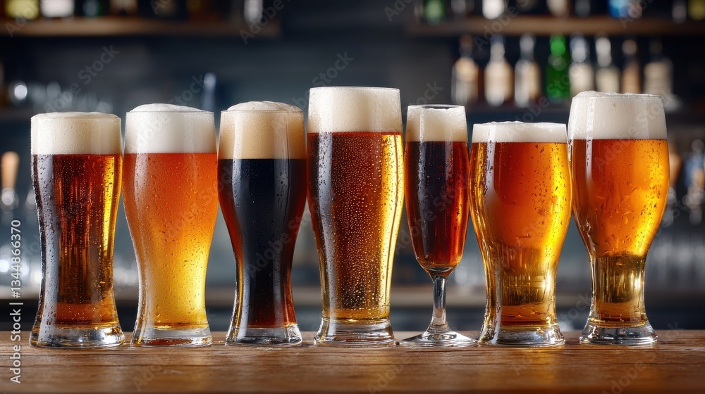Poster a row of beer glasses on a table, with some of them being filled
