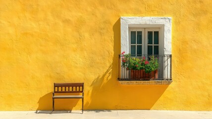 Vibrant Yellow Wall with Wooden Bench and Flower Box